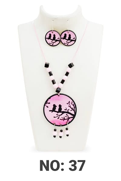 Handmade Pink black Wood & Pearl Necklace set 3